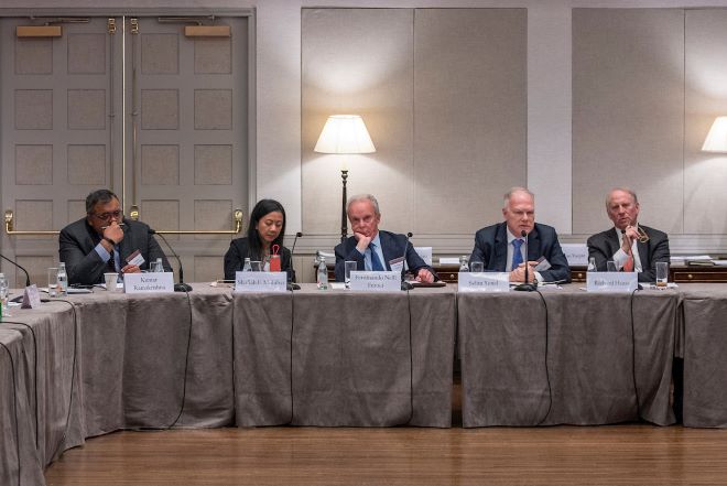 Kumar Ramakrishna. Shafiah F. Muhibat, Ferdinando Nelli Feroci, Selim Yenel, and Richard Haass during the discussion on "Global Divisions and the Future of World Order"(Howard Heyman).